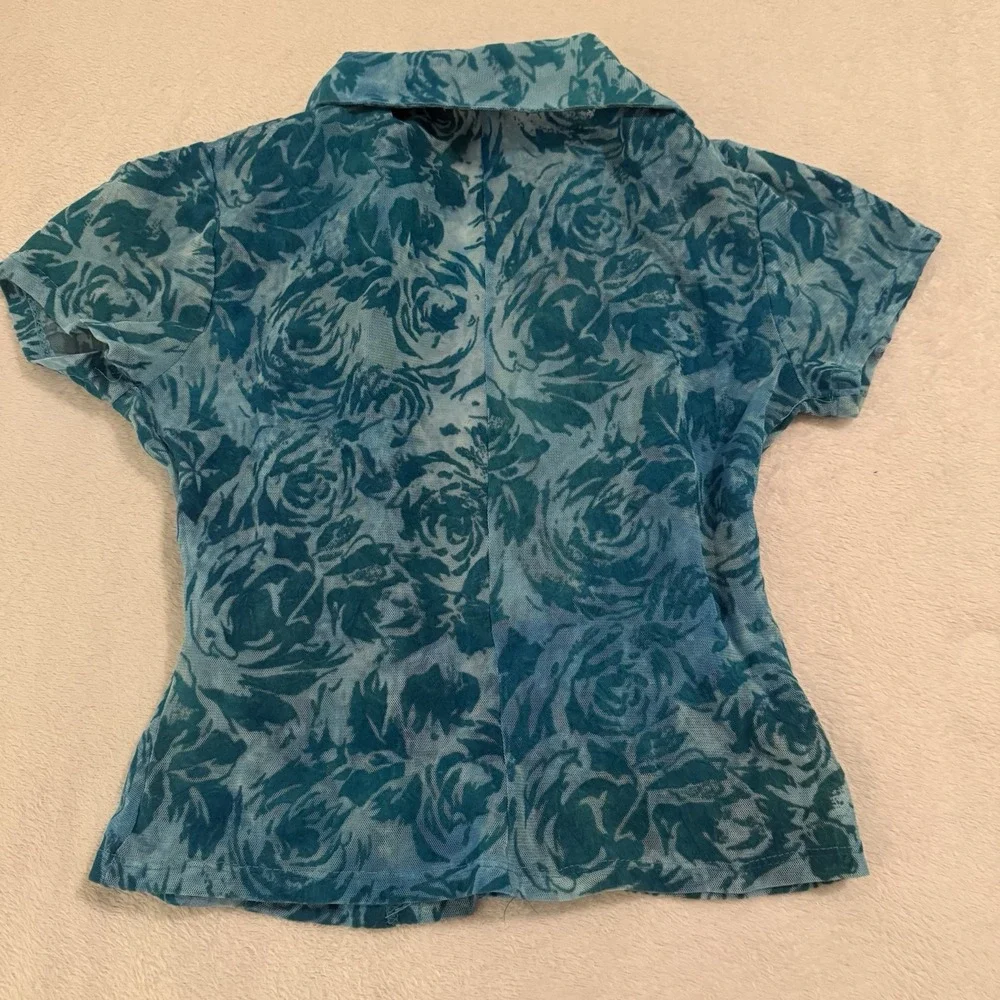 Vtg 90s Y2K Rampage Sheer Velvet Burnout Top Sz M Aqua Floral Ruffle Collar Mesh - Picture 6 of 14